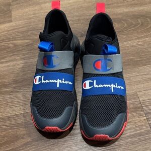 Champion Black and Blue Mesh Sneakers with Red Accents